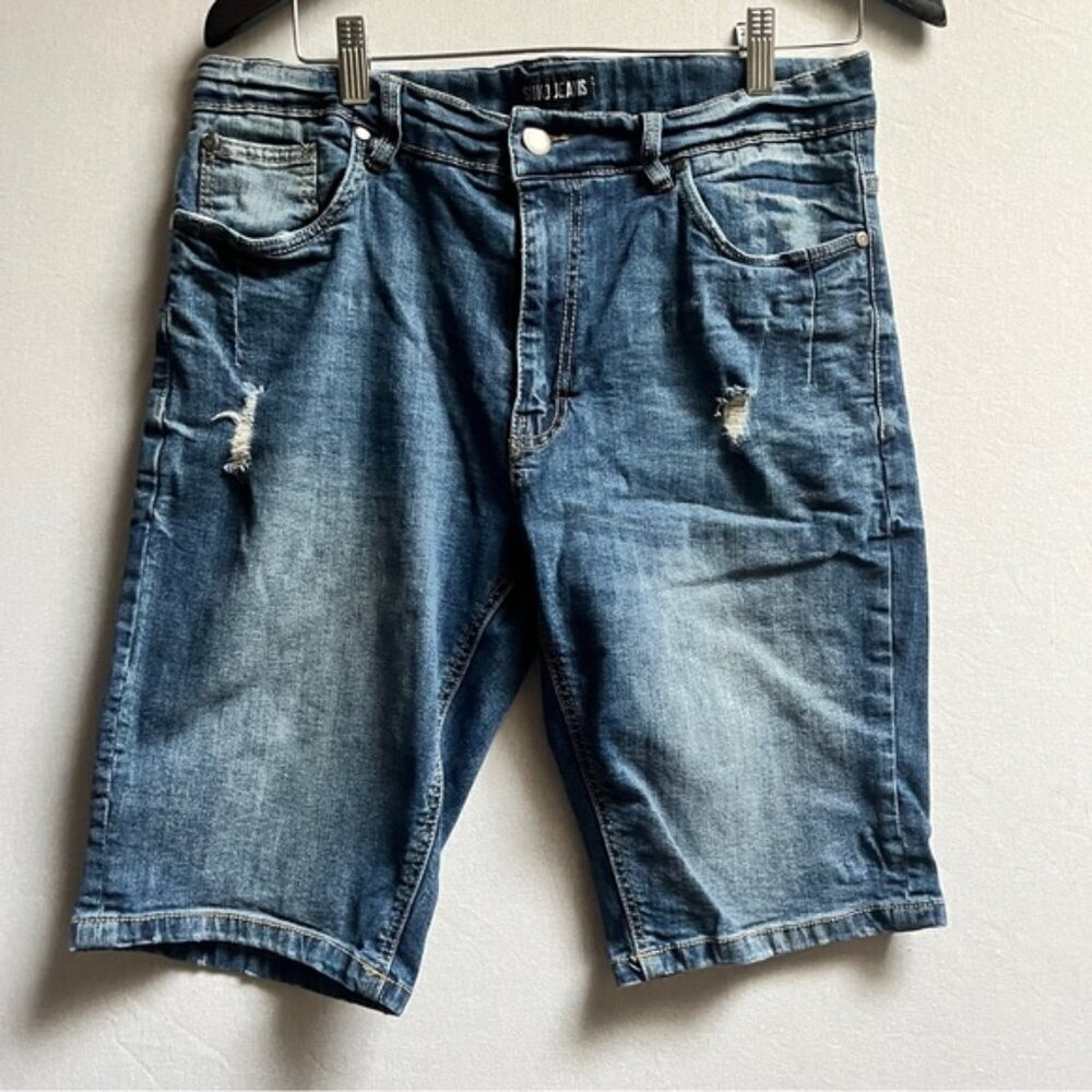 Suko Jeans Mens Bermuda Denim Shorts Light Wash Distressed Sz 34 - 32"